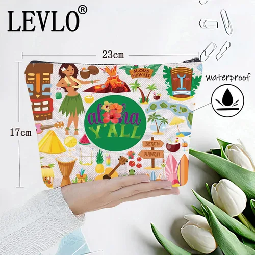 Vista 2 de LEVLO Aloha Hawaii - Bolsa de maquillaje para cosméticos, regalo de viaje, bolsa con cremallera para guitarra de playa, regalo de fiesta hawaiana