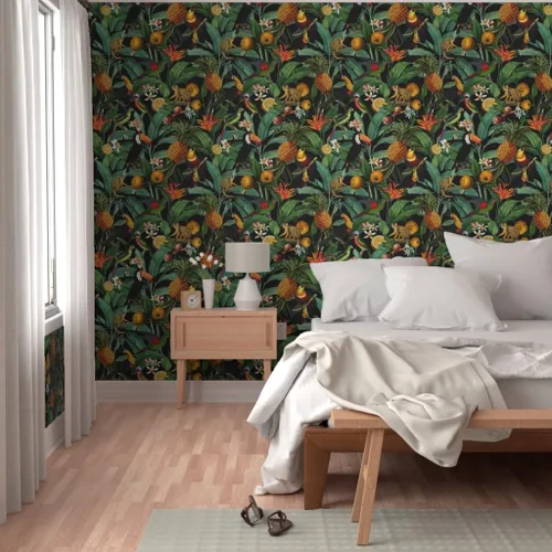 Vista 5 de Muestro de papel tapiz extraíble – Naturaleza Botánico Tropical Tucanes Monos Loros Papel pintado personalizado pre-pegado por Spoonflower