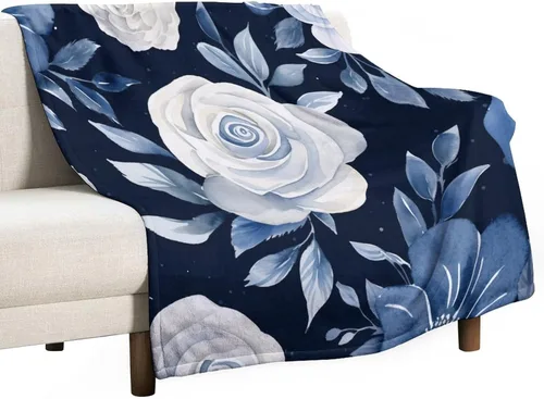 Vista 20 de Manta de flores de acuarela azul marino, bohemias, manta de acuarela floral con coronas de rosas y hojas de peonías, lujosa, cálida y acogedora