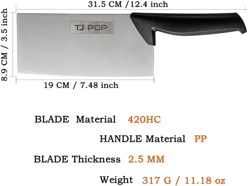 Vista 5 de TJ POP Cuchillo chino de carnicero de 7.5 pulgadas, cuchillo de cocina, cuchillo de carnicero de acero inoxidable 420HC, espesor de hoja de 2.5 mm