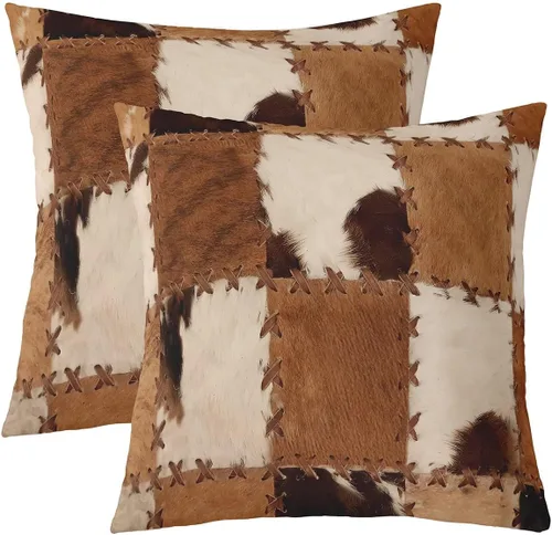 Vista 24 de Juego de 2 fundas de almohada con estampado de piel de vaca de 16"x16", fundas de cojín de piel de vaca para sala de estar, dormitorio, casa