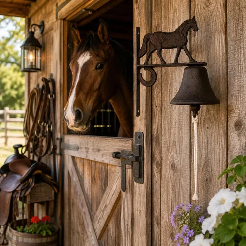 Vista 2 de Campana de cena de caballo, campana de hierro fundido para montar en la pared con adorno para caballo, decoración rústica de granero ecuestre