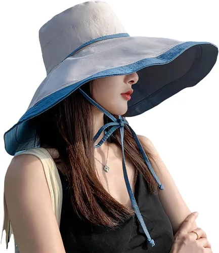 Vista 3 de Sombrero de sol de ala súper ancha para mujer, de algodón, plegable, reversible, con borde con cable, protección UV, verano, playa, viajes, jardín