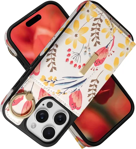 Vista 26 de Funda tipo cartera de Keallce para iPhone 14 Pro de 6.1 pulg., funda con tapa y ranuras para tarjetas, soporte con anillo, funda protectora de piel
