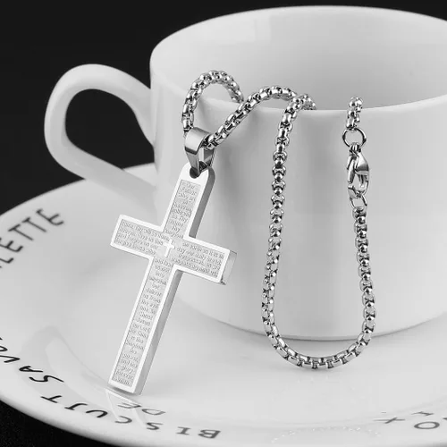 Vista 5 de HZMAN Stainless Steel Mens Womens Cross Necklace Lords Prayer Pendant 4 Colors Available