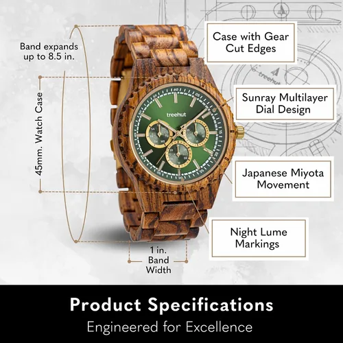 Vista 4 de Treehut Reloj de madera para hombre con correa ajustable y cierre de acero inoxidable, movimiento de cuarzo japonés con fecha de día, reloj