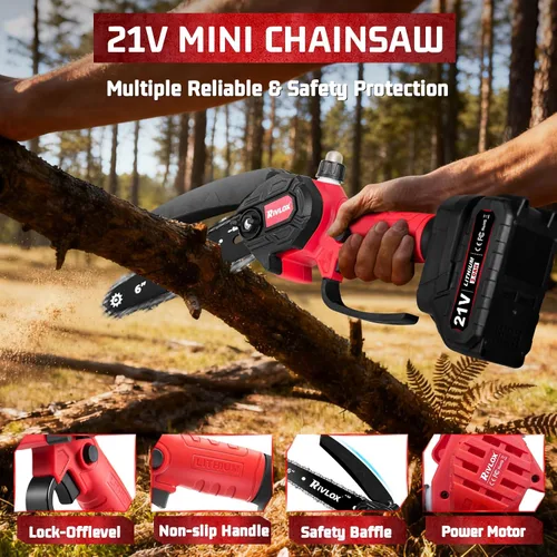 Vista 3 de Mini motosierra, motosierra eléctrica inalámbrica de 6 y 4 pulgadas, funciona con pilas, sierra de mano portátil con una sola mano para recortar Rojo