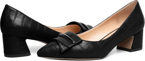 Vista 4 de YODEKS Zapatos de tacón grueso para mujer, tacón de bloque bajo, punta puntiaguda, zapatos de tacón para el trabajo, casual, vida diaria, fiesta