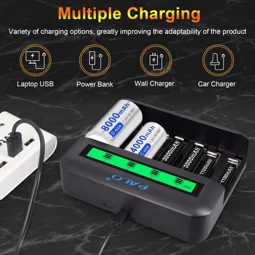 Vista 2 de Tenberly Cargador de batería universal AA AAA C D con 4 baterías recargables de tamaño C de 4000 mAh