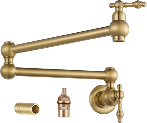 Vista 9 de WOWOW Grifo de llenado de ollas de bronce antiguo, grifo de cocina de montaje en pared de latón con brazos oscilantes de doble junta
