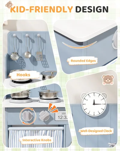 Vista 4 de MAMIZO Juego de cocina para niños pequeños, juego de cocina de juguete de madera para niños con almacenamiento inteligente, último interactivo, Azul