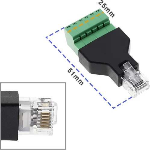 Vista 3 de 2 unids RJ12 adaptador de audio conector Ethernet RJ12 6P6C macho a 6 pines tornillo terminales adaptador conector hogar accesorios de audio