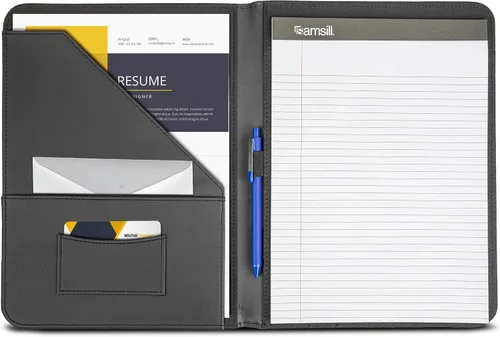 Vista 4 de Samsill Portafolio de piel sintética con puntada de contraste, portafolio de negocios para hombres y mujeres, organizador de documentos y currículo
