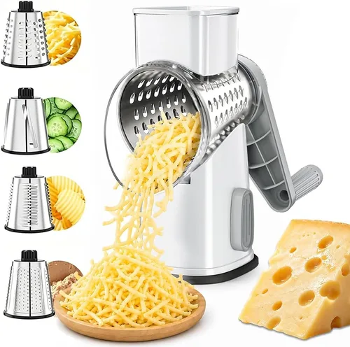 Vista 7 de VEKAYA Rallador de Queso, Rallador de Queso con Manivela Manual, Rallador de Queso con 4 Cuchillas Intercambiables, Rebanador de Verduras, Base