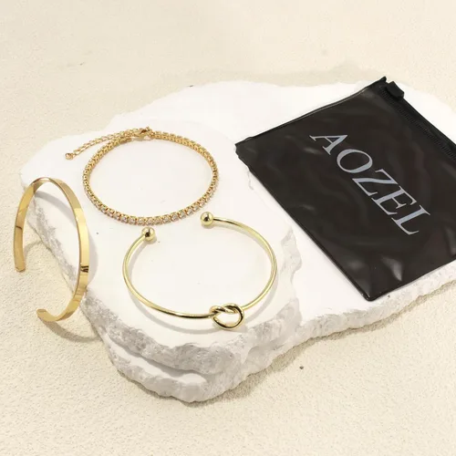 Vista 6 de AOZEL 14K Gold Plated Bangle Cuff Bracelets Set for Women Trendy Gold Bracelet Stack for Women Gold Bracelet Set Jewelry Gifts for Her