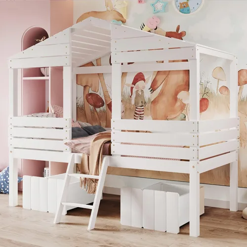 Vista 10 de Quarte Fun House - Cama con techo y dos ventanas laterales, cama baja de madera tamaño individual con escaleras pequeñas y barandilla, para niños