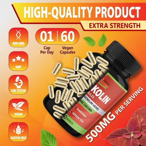 Vista 8 de Forskolina Suplementos Cápsulas con cúrcuma curcumina, Arjuna, Garcinia Cambogia, Té Verde - 60 Cápsulas