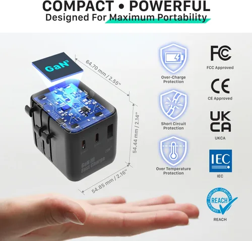 Vista 8 de Fosmon Adaptador de viaje universal PD&QC, 2AC/4USB-C/1USB-A