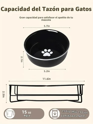 Vista 2 de GDCZ Ceramics - Cuencos elevados para gatos con soporte de metal Heighten, 15 onzas (negro)