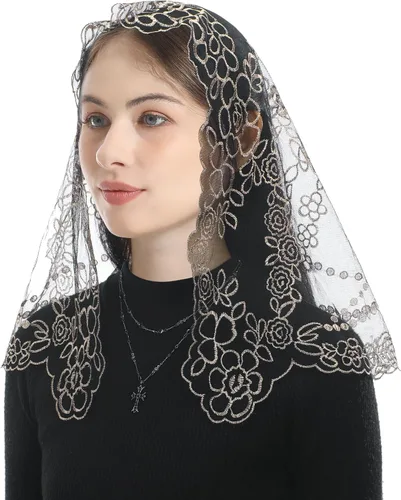 Vista 2 de Bozidol Velo de iglesia triangular tradicional - Estilo español con bordado del Santo Grial de Encaje Mantilla velo para mujer