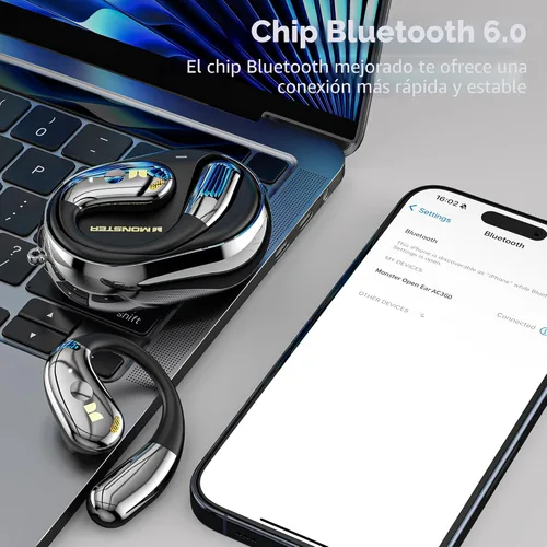 Vista 3 de Monster Open Ear AC360, auricular inalámbrico Bluetooth giratorio, con cordón, Bluetooth 6.0 mejorado, control táctil, batería de larga duración