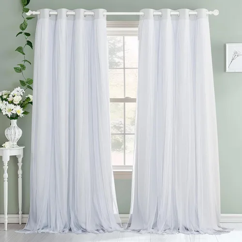 Vista 14 de PONY DANCE Cortinas de Doble Capa - Cortinas Opacas de 63 Pulgadas de Largo, Diseño con Ojales en la Parte Superior, Paneles Transparentes Blancos