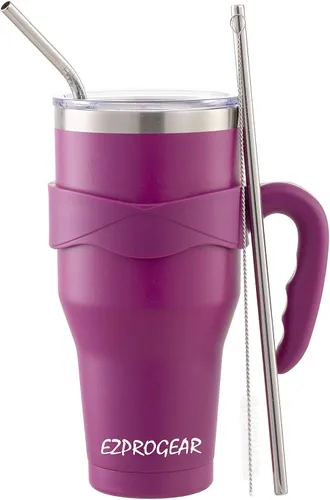 Vista 8 de Ezprogear – Vaso con aislamiento al vacío de doble pared de acero inoxidable, con pajilla y asa Doble pared, acero inoxidable, taza