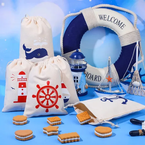 Vista 6 de Shellwei Paquete de 24 bolsas de regalo náuticas de algodón con cordón de anclaje náutico, bolsas temáticas de regalo de 7 x 5 pulgadas para niños