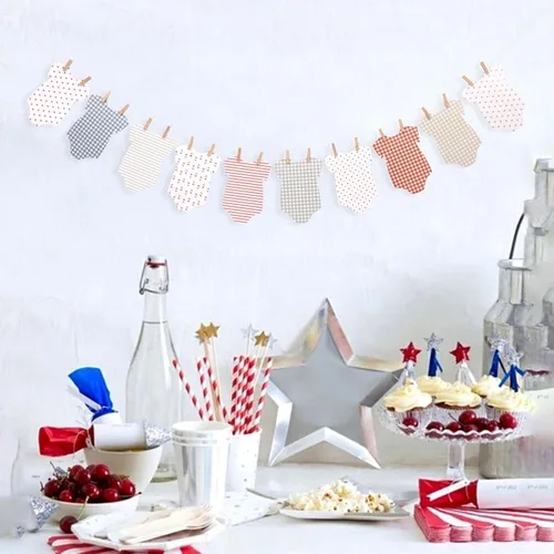 Vista 3 de Cartel de mameluco rojo, blanco y azul para bebé, decoración de baby shower, guirnalda de tendedero para bebé, decoración de fiesta de recién nacido