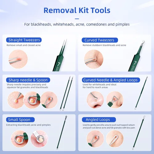 Vista 3 de Kit de herramientas para reventar espinillas, kit de 7 piezas de extractor de espinillas con caja para eliminar rápida y fácilmente espinillas