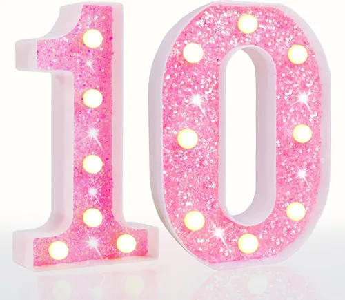 Vista 39 de Pooqla Luces de números de marquesina, números de luz rosa para niñas de 10.º cumpleaños, funciona con pilas, luz nocturna de número con purpurina
