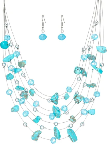 Vista 23 de Collar de cuentas de concha bohemia de varias capas para mujer, hebra de cristal colorida con cuentas plateadas, collares y aretes, disfraces