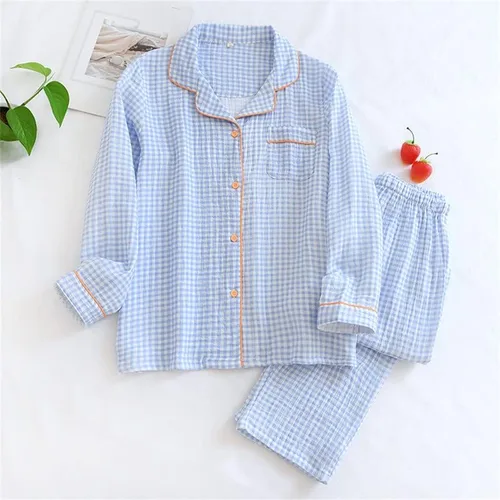 Vista 6 de Shanghai Story Camisón de algodón para parejas Ropa de dormir de manga larga Ropa de dormir Casual Check Print PJS