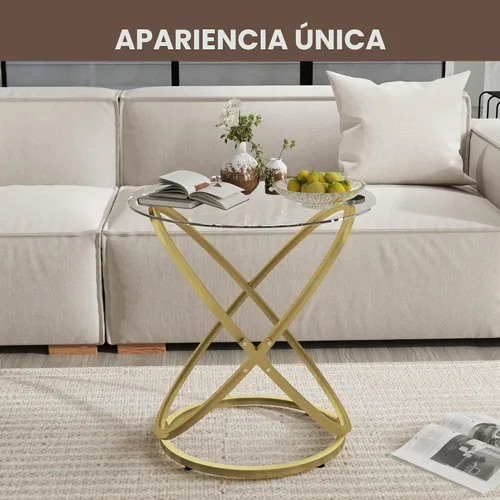 Vista 2 de Mesa de Café de Vidrio Otterease, Mesa Auxiliar Moderna con Marco de Metal Dorado en Forma de Anillo, Mesa de Café Redonda de Vidrio