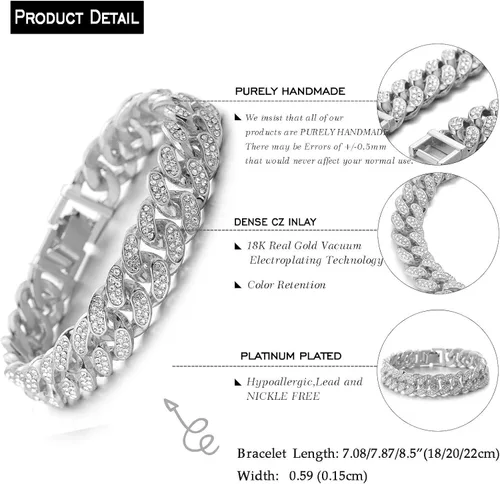 Vista 7 de Halukakah Cadena de eslabones cubanos para hombres helados, cadena de oro para hombre de 0.591in, pulseras Miami de 7 pulgadas (7.1in) en chapado