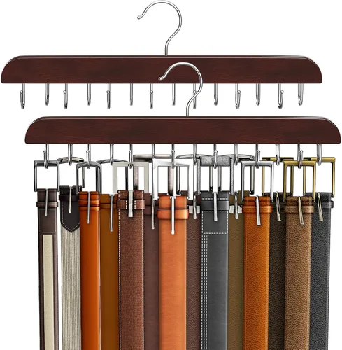Vista 10 de Percha de cinturón para armario Max 42 cinturones, accesorios de armario de madera resistente con 14 ganchos, organizador de cinturón