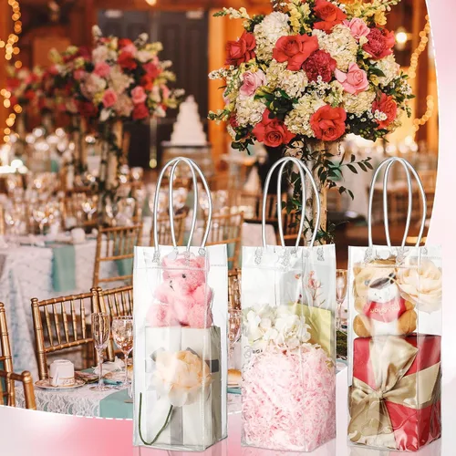 Vista 5 de Silkfly 30 bolsas de regalo de PVC transparente con asas de 10 x 4 x 4 pulgadas, bolsa de regalo reutilizable transparente rectangular para fiesta
