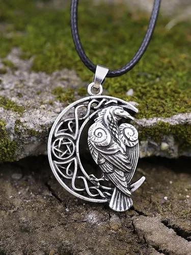 Vista 4 de HAQUIL Raven Collar Dije de cuervo celta vikingo Wicca Cordón de piel sintética, aleación, 2