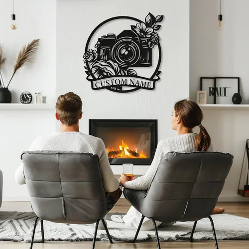 Vista 7 de Letrero de metal personalizado para fotógrafo, arte de pared de hierro para cámara y niña con cámara, decoración única con temática de fotografía