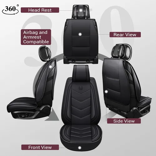 Vista 2 de OASIS AUTO OS-003, Fundas de cuero y tela para asientos de automóvil. Cubierta acojinada de cuero sintético para autos, SUV, camioneta Pick-up, Negro