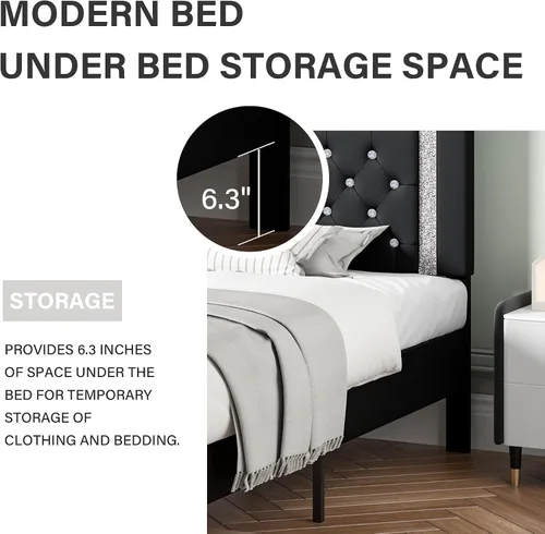 Vista 6 de BarnFurin Base de cama individual con cabecero, cama tapizada con diseño capitonado de diamante, marco de cama para niños con soporte de listones