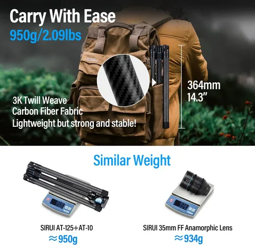 Vista 7 de SIRUI Trípode de fibra de carbono ligero de 2 libras con cabezal fluido panorámico, trípode de cámara compacto de 59.8 pulgadas, configuración