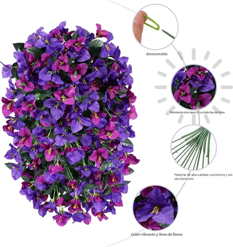 Vista 7 de Flores artificiales de Bouganville falsas para decoración al aire libre, 2 piezas de flores falsas de seda con vides largas colgantes resistentes a