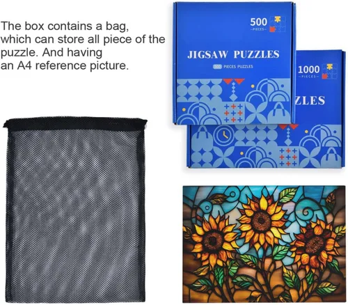 Vista 7 de Rompecabezas de girasol de estilo retro, material compuesto de madera de papel Zcon bolsa de almacenamiento e imagen de referencia fácil de resolver