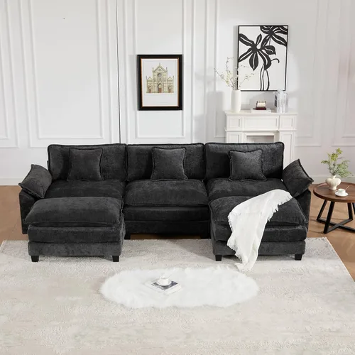 Vista 277 de Sofá seccional modular verde de 111.5", sofás seccionales grandes de 3 plazas para sala de estar, sofá nube oversized de tela chenille con otomana