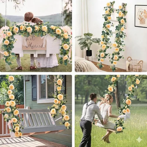 Vista 4 de Guirnalda de flores artificiales de seda de 6 pies con hojas de eucalipto, guirnaldas florales de imitación para boda, arco, puerta, colgar