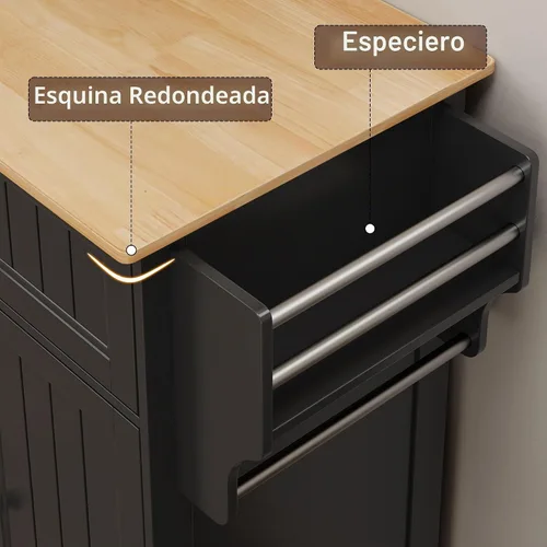 Vista 5 de Gizoon Carrito de isla de cocina de 33" W con estante ajustable, negro Color negro y mesa de roble