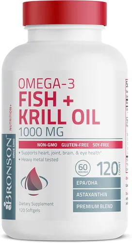 Vista 4 de Bronson Omega-3 Fish + Krill Oil 1000 mg EPA DHA Astaxantina Mezcla Premium – Salud de las articulaciones, cerebro y ojos – Sin OMG, probado