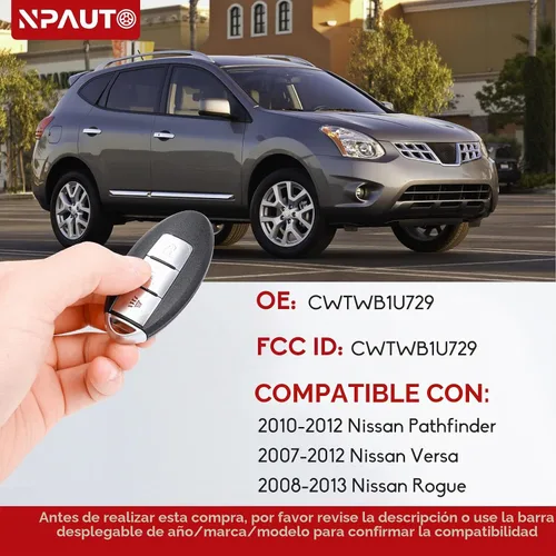 Vista 3 de NPAUTO Llavero de Repuesto Compatible con Nissan Rogue Pathfinder Versa 2007 2008 2009 2010 2011 2012, Control Remoto de Entrada sin Llave, Llaves