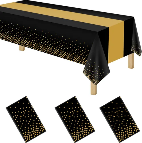 Vista 8 de Manteles de plástico desechables 2 en 1 de 54 x 108 pulgadas, mantel rectangular de cocina con lunares negros y azules, para boda, cumpleaños, baby